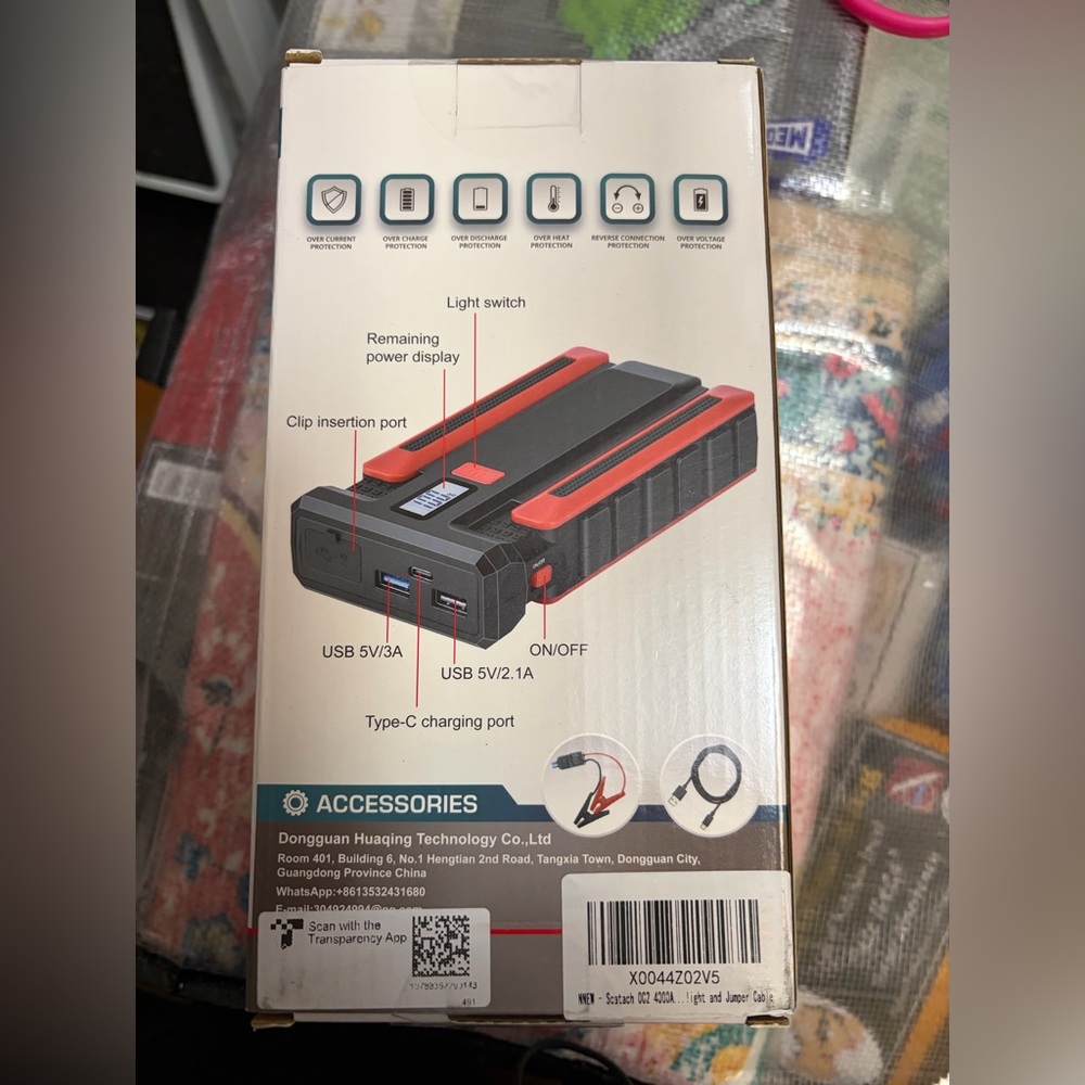 Jumper cable Portable Power Bank with USB and Type-C Ports